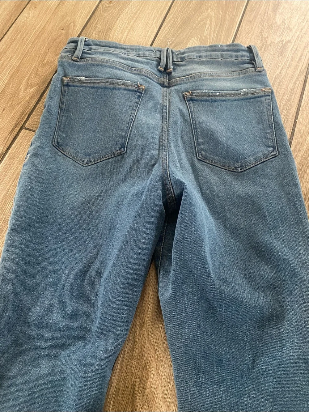 Good American  Blue Straight Leg Jeans with Distressed Knee